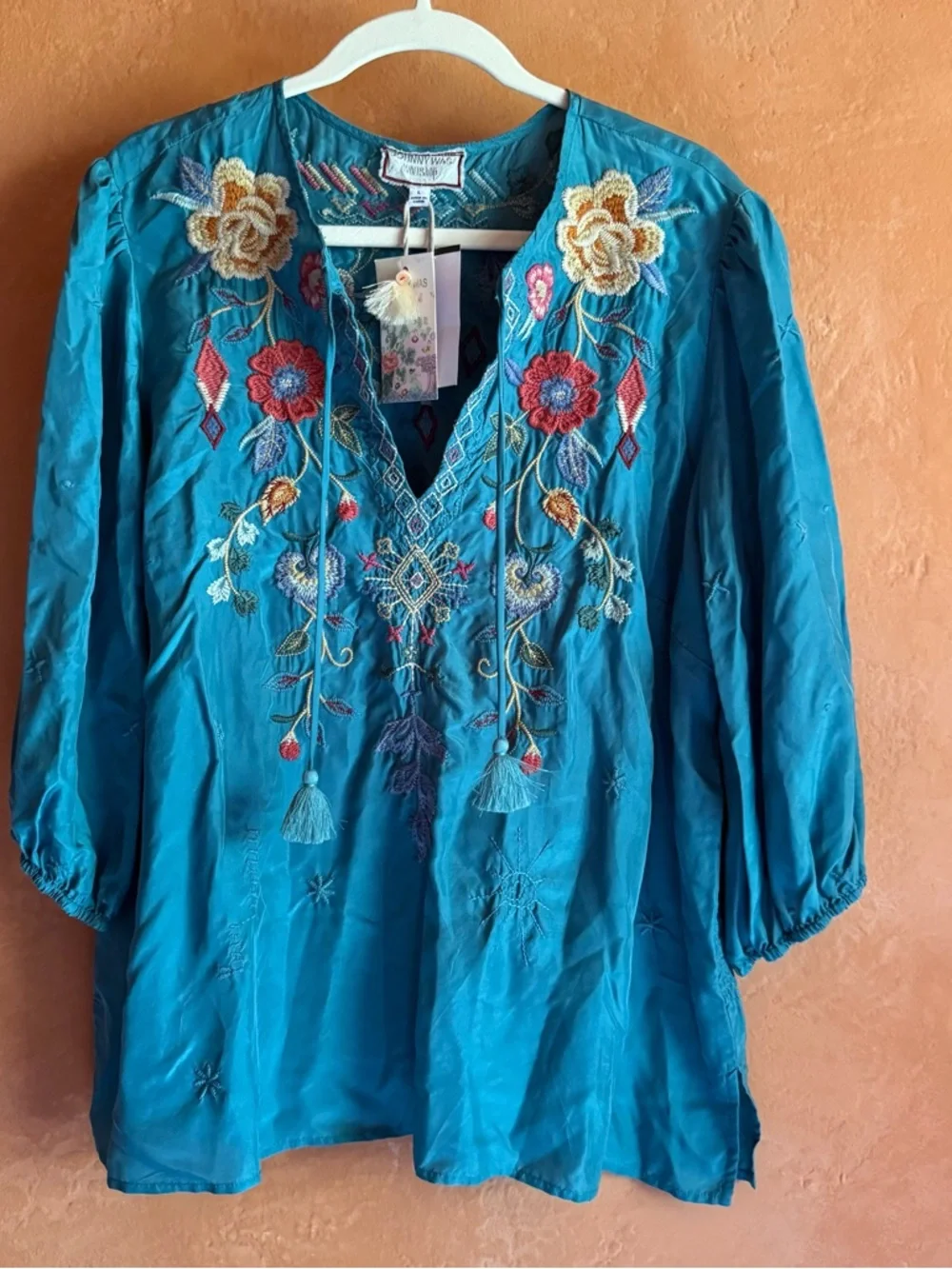 Johnny Was Taryn Flowy Tassel Blouse Silk Embroidered NWT Size L - Picture 1 of 12